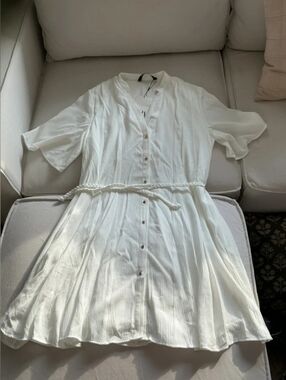 White Button-Front Shirt Dress with Braided Tie